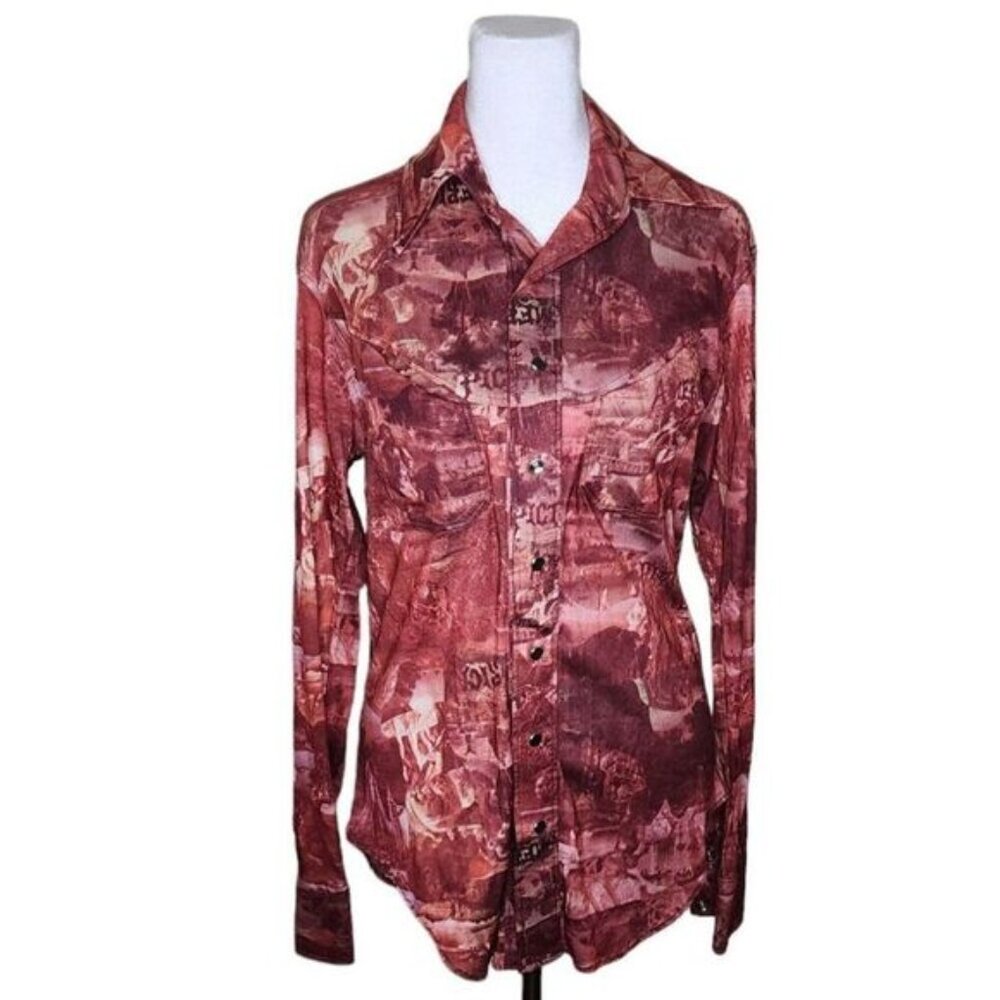 Vintage 70s Long Sleeve Disco Shirt Womens Size M Red Dagger Collar